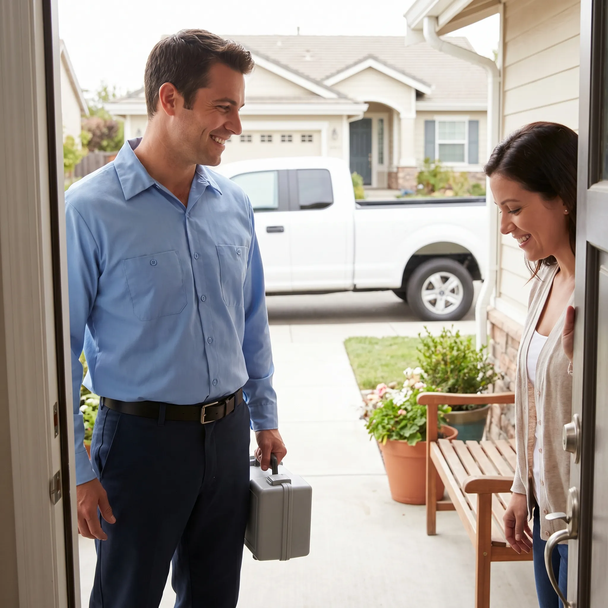 Pest control technician greeting a homeowner at the front door, plain unmarked truck visible in the background