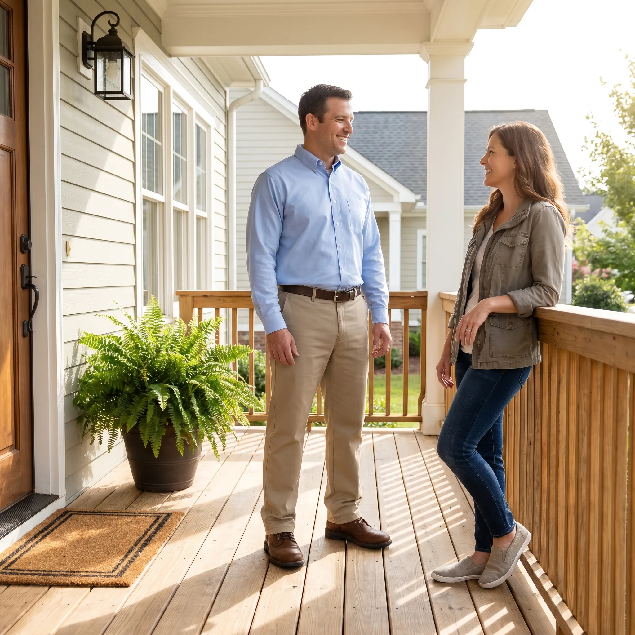 Pest control technician shaking hands with a smiling homeowner at the front door of a suburban home