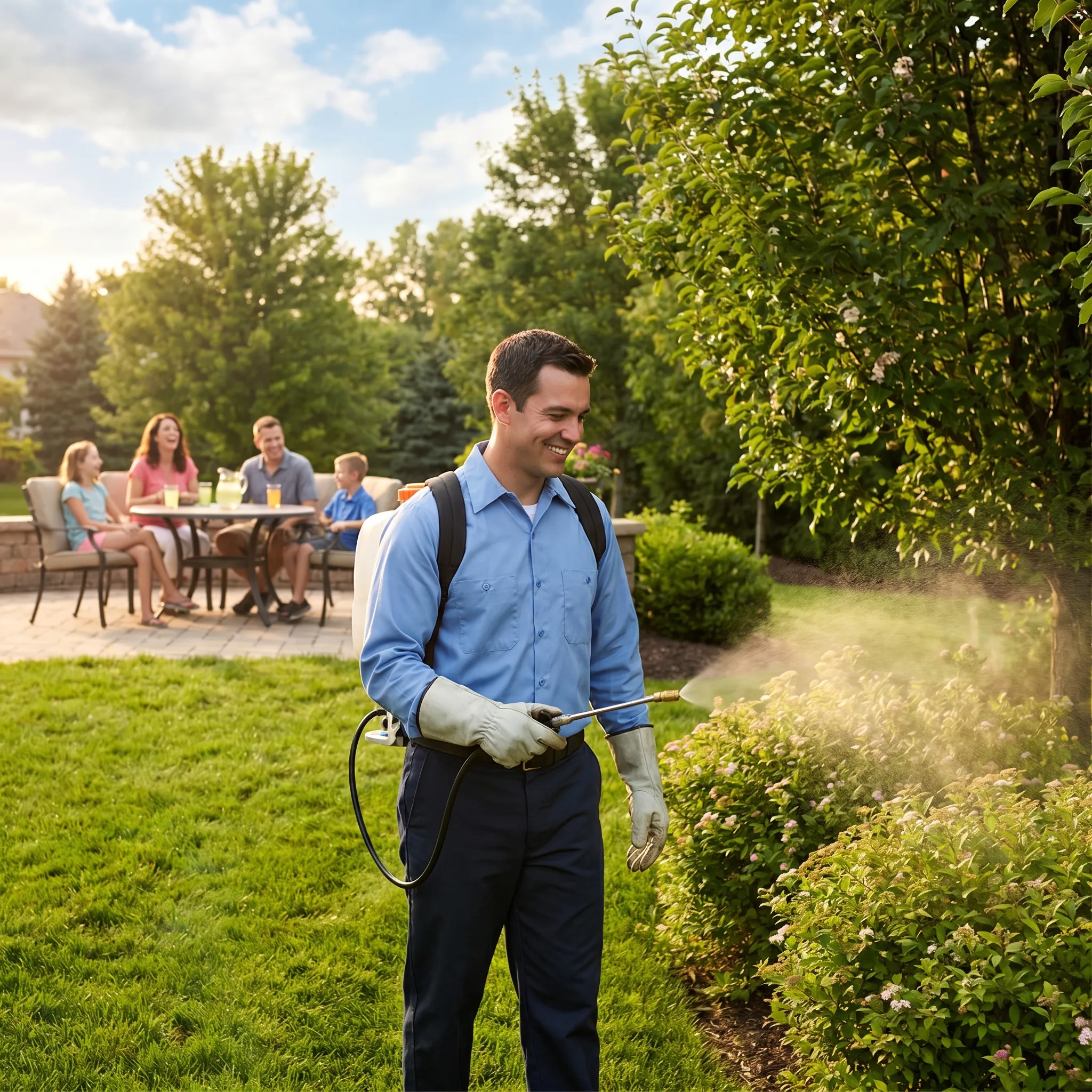 Pest control technician treating shrubs and tree line in a sunny backyard while a family watches from the patio