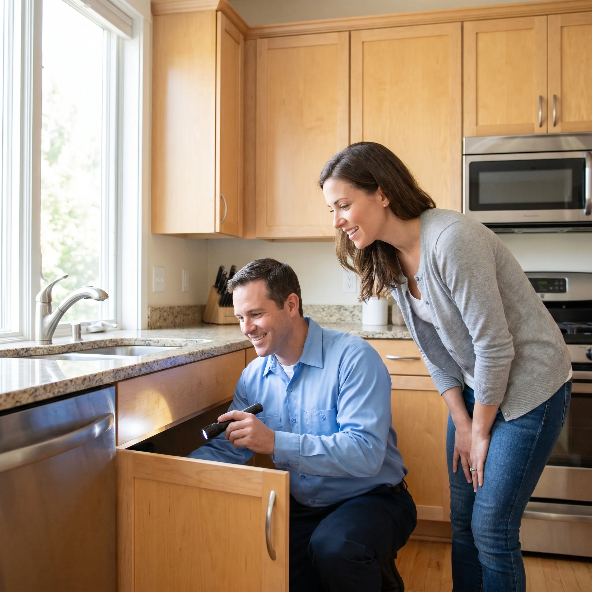Pest control technician inspecting under a kitchen sink with a flashlight while a homeowner looks on