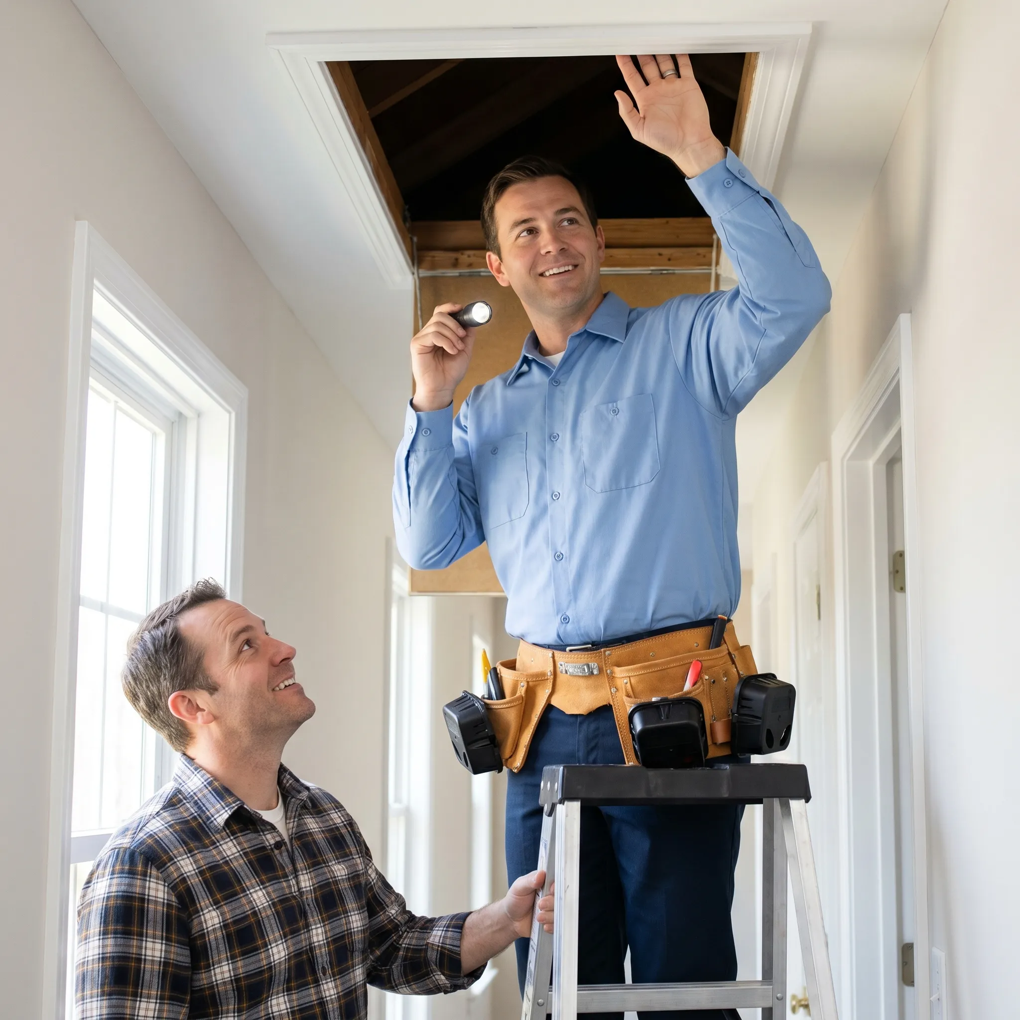 Pest control technician inspecting an attic with a flashlight, with a homeowner watching from the hatch